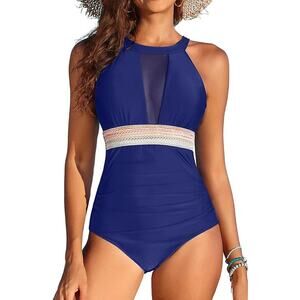 New Large One Piece, High Neck, Ruched Tummy Control Swimsuit in Navy Blue